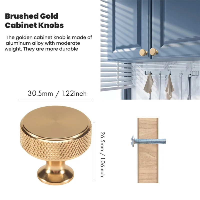 【OFF-SHELF】60er-Pack 1,2 Zoll Schrankknöpfe aus gebürstetem Gold, gerändelte Küchenschrankknöpfe, goldene Schubladenknöpfe, runde Kommodenknöpfe
