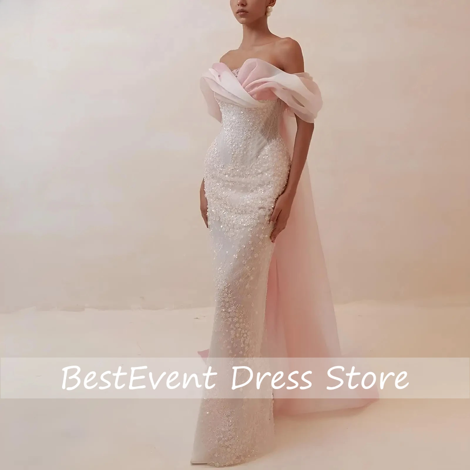 Pink Lace Women's formal Evening Dresses Luxurious Beaded Strapless Occasions Dresses Ball Gowns Prom Customized