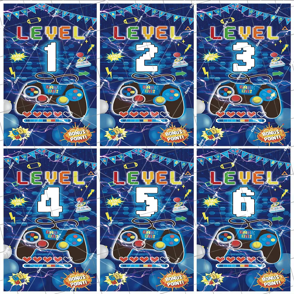 

Video Game Backdrop Door Cover Banner Dazzling Blues Handle Pattern Level Up Game On Video Game Boys Birthday Party Decoration