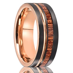 8MM/6MM rose golden and black tungsten ring, wooden ring, comfortable to wear, suitable for daily wedding party anniversary gift