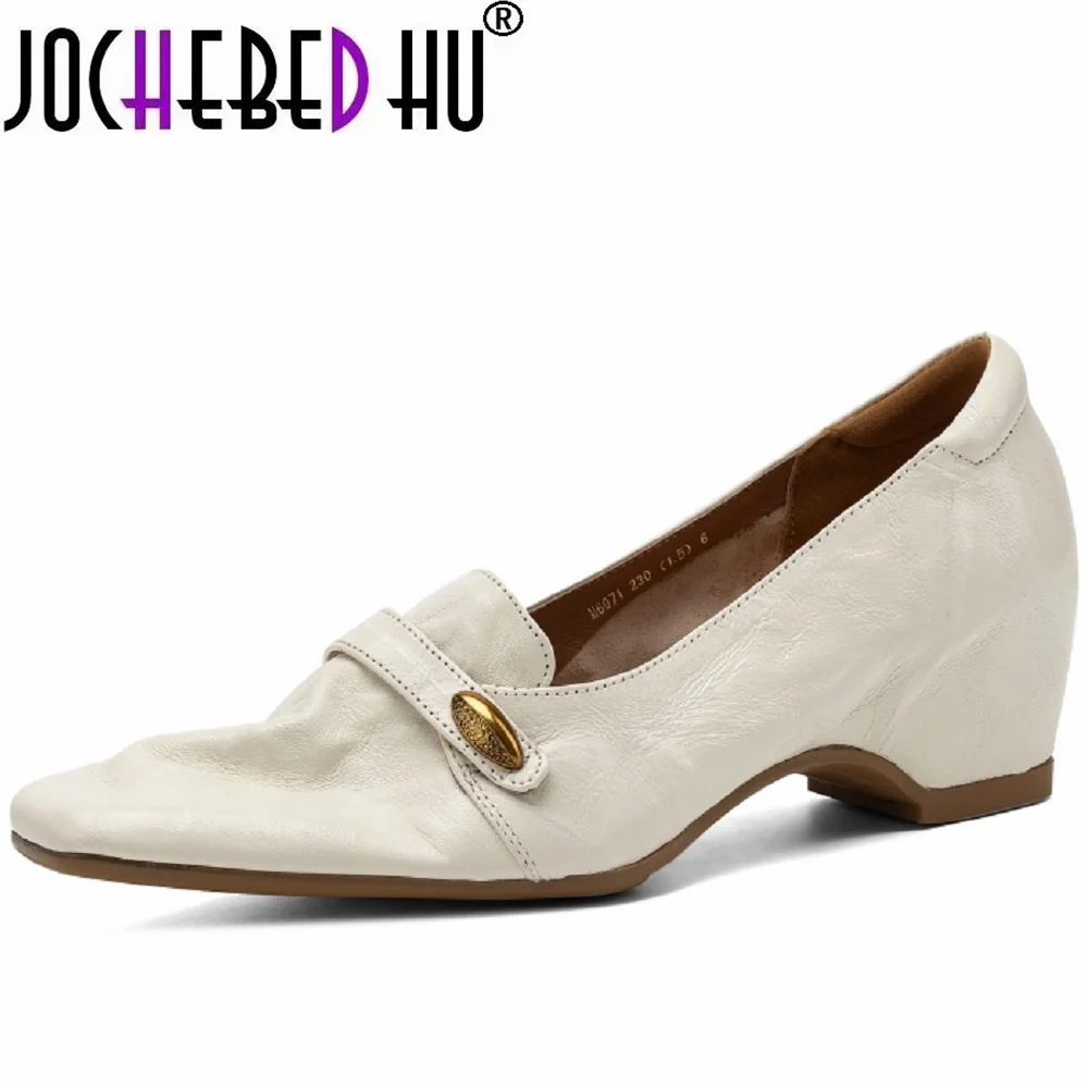 【JOCHEBED HU】Handmade Genuine Leather Version Retro Square Head Buckle High Heels Women's Shoes Mouth Thick Heel Single 34-40