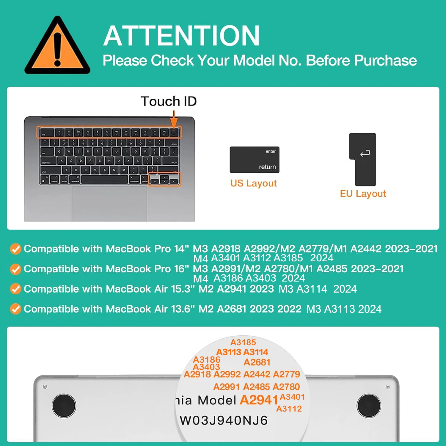 Keyboard Cover for 2022-2024 M4 M3/M2/M1Chip Pro 14.2/16 A3401/A3186/A3185/A3112/A3403 MacBook Air 15.2