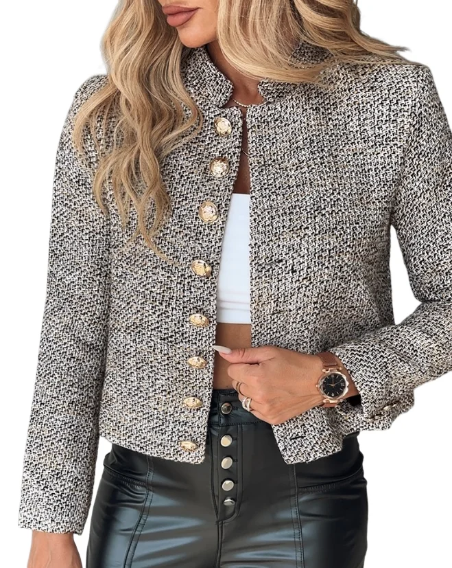 Office Lady Women's Suit Jacket 2023 Winter New Elegant Small Fragrant Style Single Breasted Stand Collar Button Tweed Coat