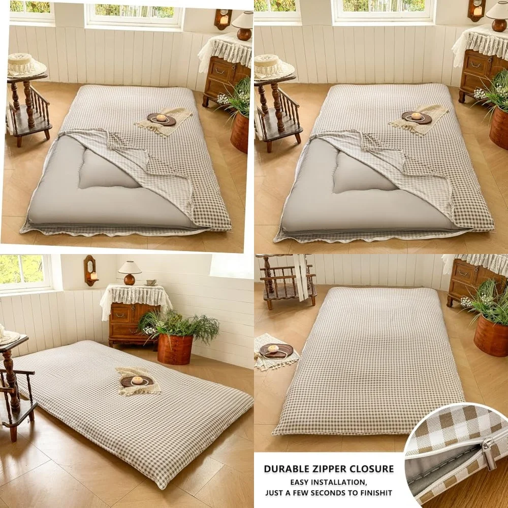 

MattressesSoft Japanese Style Futon Cover for 3-4 Inch Thick Mattress Twin Size Taupe Tan Gingham Pattern Durable Comfortable
