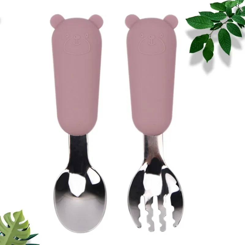 Cutlery Set Cartoon Bear Short Spoon Fork Baby Eating Training Anti Fall Tableware Silicone Stainless Steel Spoon Baby Feeding