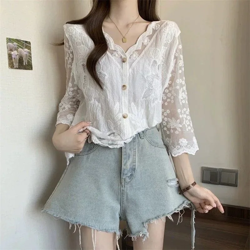 Women Summer Thin Transparent Embroidery Lace Mesh Blouse Shirt Vintage V-neck Crochet Button Cardigan Boho Style Sheer Clothing