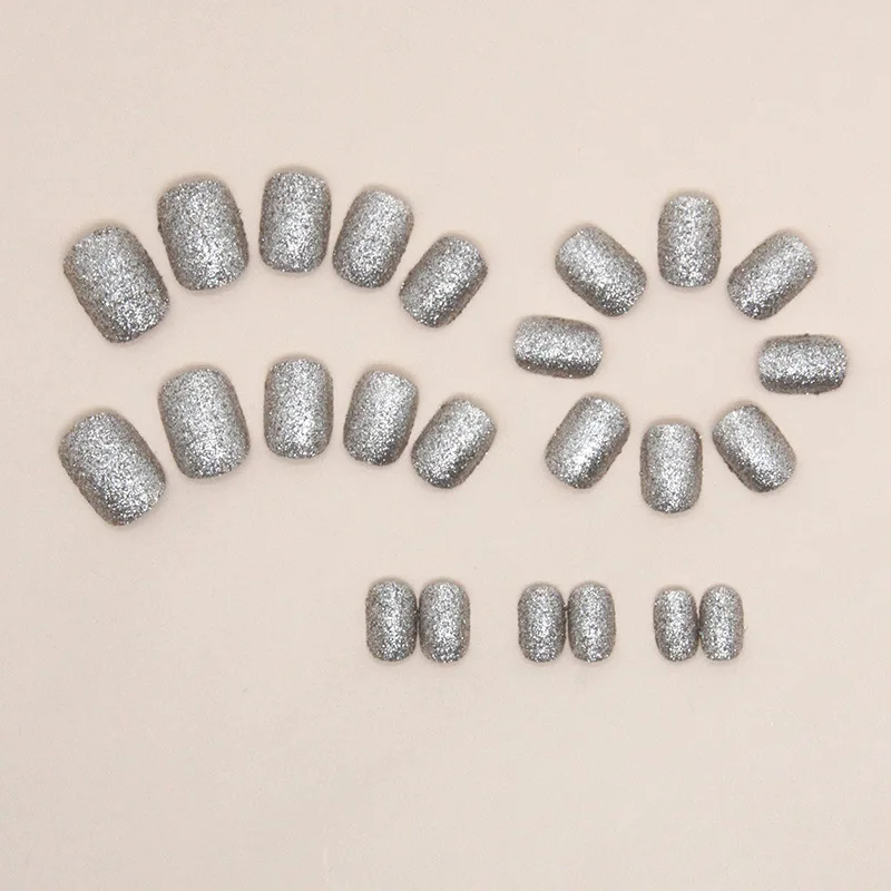24pcs Silver Glitter Girls Glued Press on Nails Short Self-adhesive False Nails with Glue Square Stick-on Nails with Tools 2026