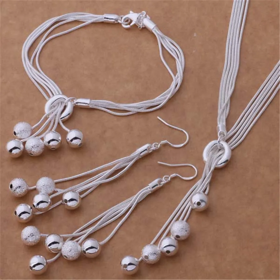 Popularne marki 925 Sterling Silver frędzle wiszące koraliki Bransoletki naszyjnik kolczyk Zestaw biżuterii dla kobiet Moda Prezenty na imprezę