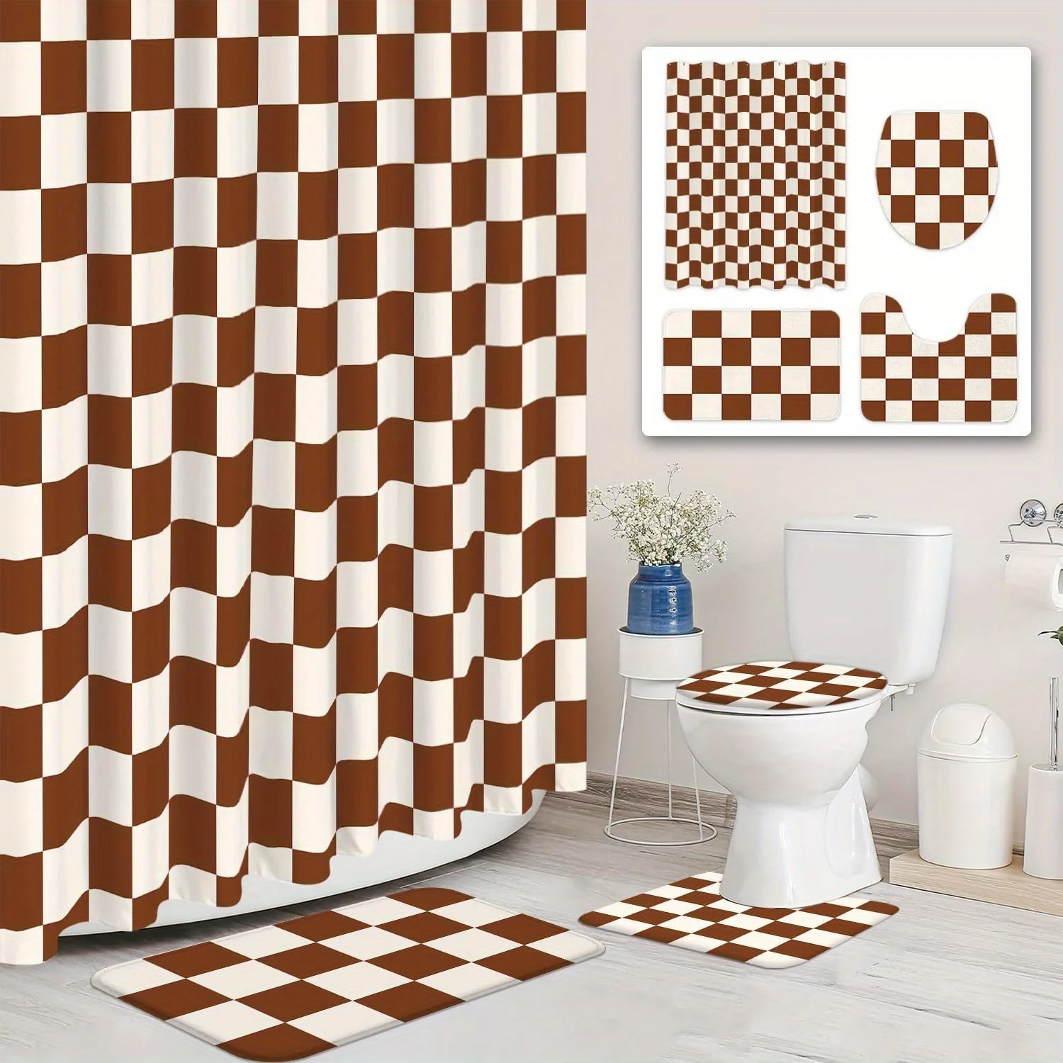 

Checkered Bath Curtain Set with 12 Hooks - Non-Slip Bathroom Mat, Toilet U-Shaped Mat, Polyester Waterproof Shower Curtain