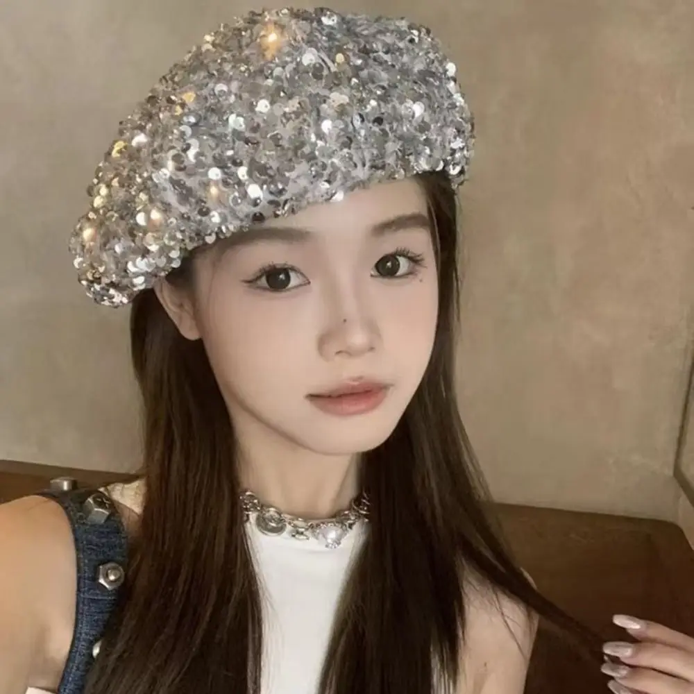 Thin Glitter Sequin Beret Big-headed Cloud Retro Style Sparkling Sequin Beret Octagonal Shape Fashion Beret Party Occasion