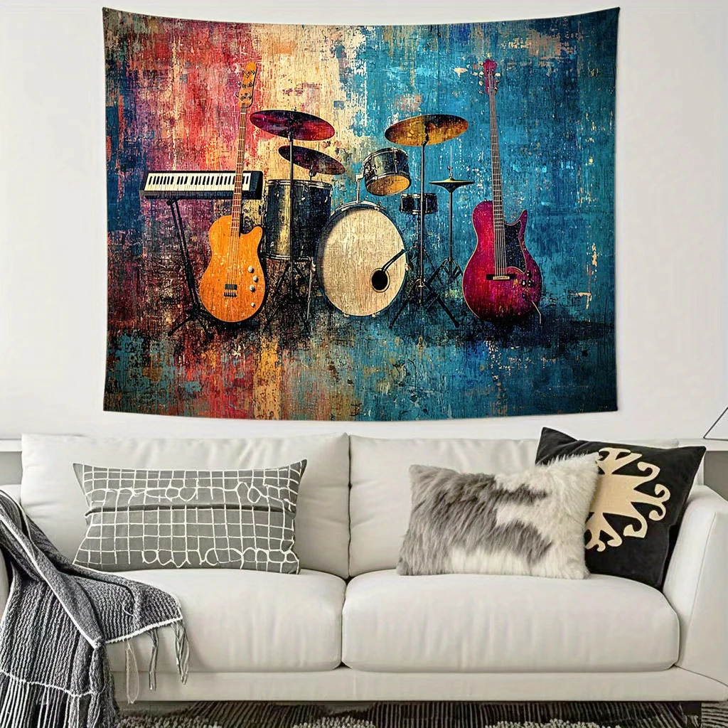 Retro Graffiti Musical Instruments Digital printing polyester wall tapestry suitable for use in living rooms offices bars party