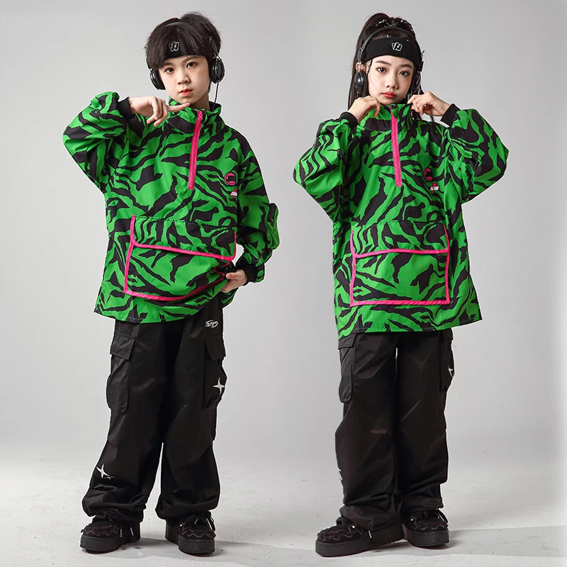 

Boys Girls Jazz Dance Costumes Green Sweatshirt Pants Group Kpop Stage Outfit Kids Hip Hop Clothing Street Dancewear SL11124