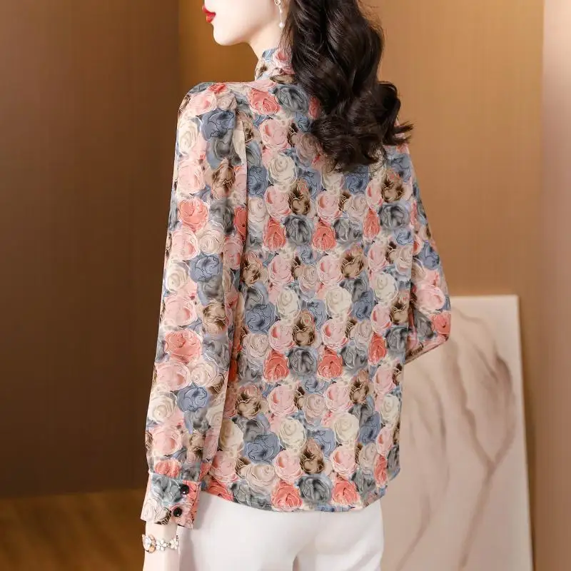 Women Stylish Vintage Floral Print Button Up Shirt Spring Autumn Lapel Temperament Elegant Blouses Casual Long Sleeve Loose Tops