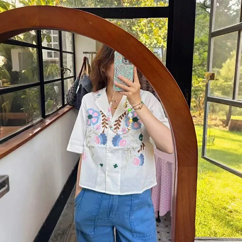 2025 shirt fashion summer new sweet ageing childish embroidery cute flowers lapel loose cotton T-shirt