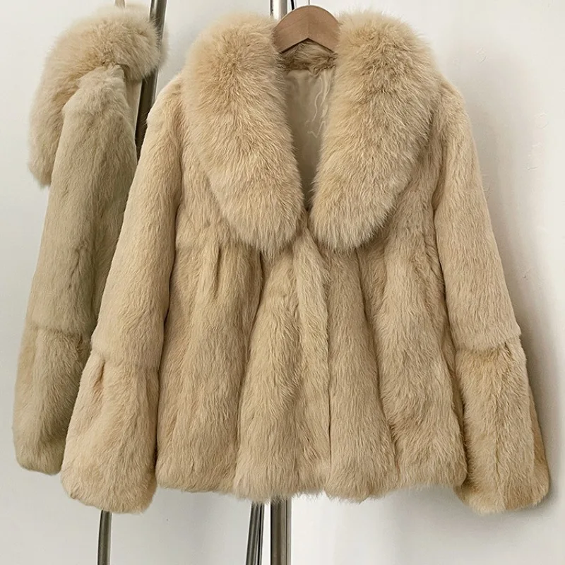 

2026 модная осенне-зимняя шуба из кроличьего меха, женская короткая куртка, утепленная теплая верхняя одежда с большим лисьим меховым воротником, уличная шуба