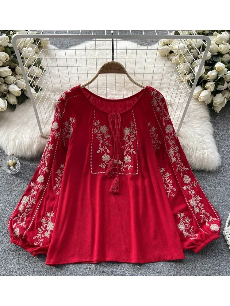 Women Spring Summer Blouse French Printed Shirt New Loose Long Sleeve Design Small Retro Lantern Sleeve Embroidery Top D2532