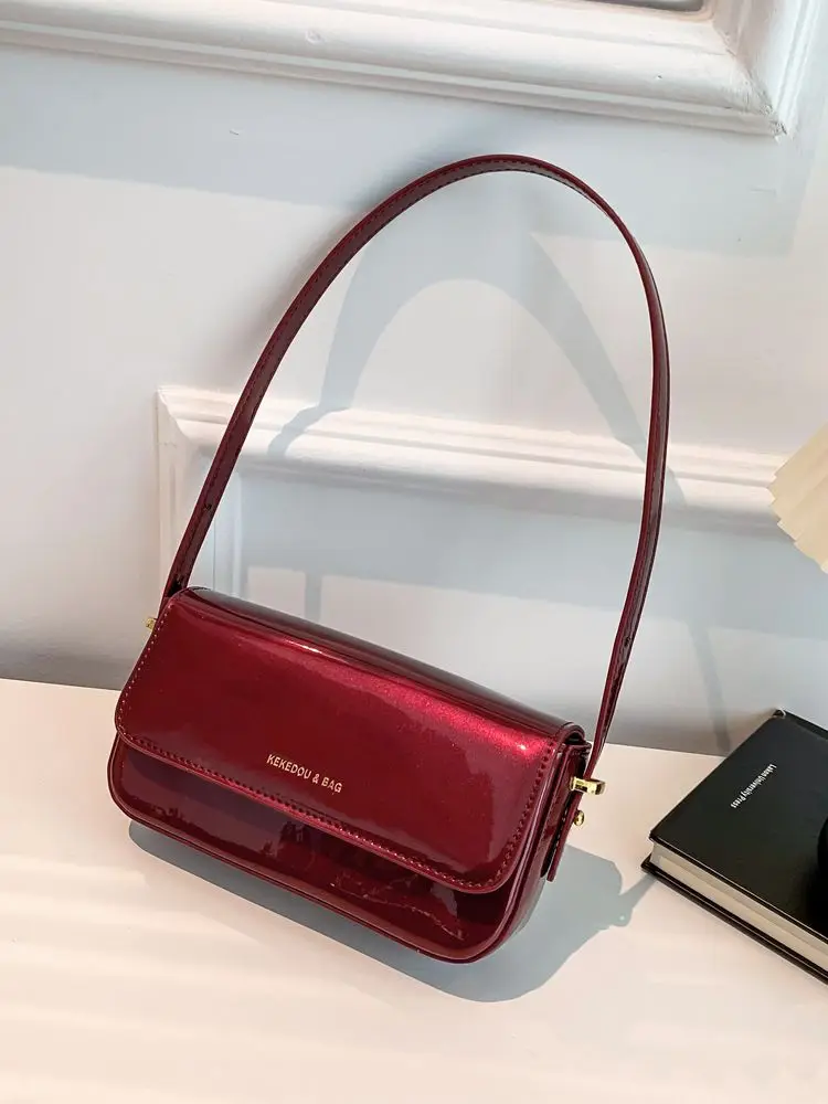 Burgundy PU Crossbody Bag Luxury Ladies Lacquer Leather Shining Fashion Letter Underarm Bags Elegant Classics Commuting Handbag