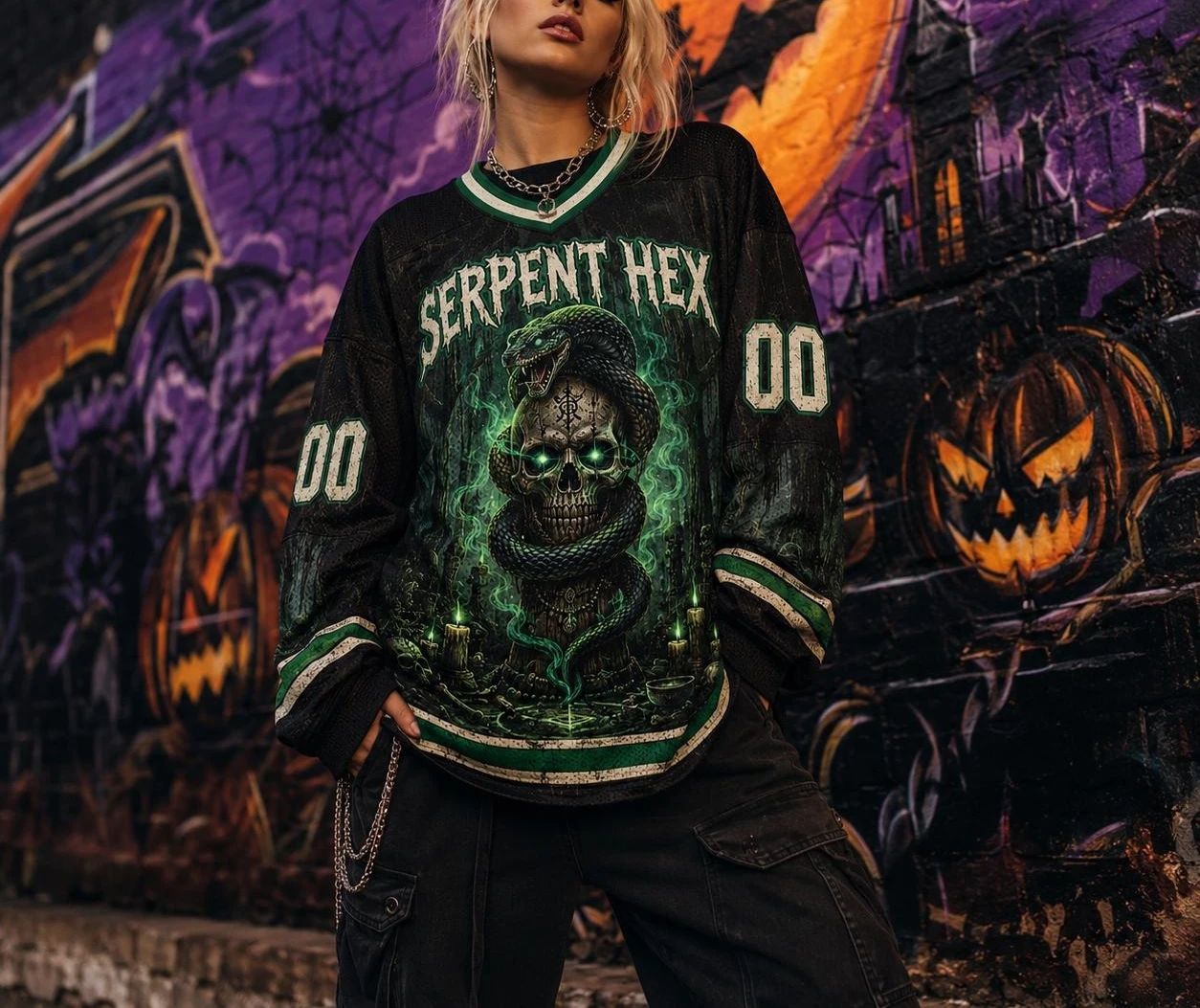 Gothic Heavy‑Metal Serpent Hex Graphic Hockey Jersey 3D Print Oversized Long Sleeve Halloween Streetwear Tops Family Matching