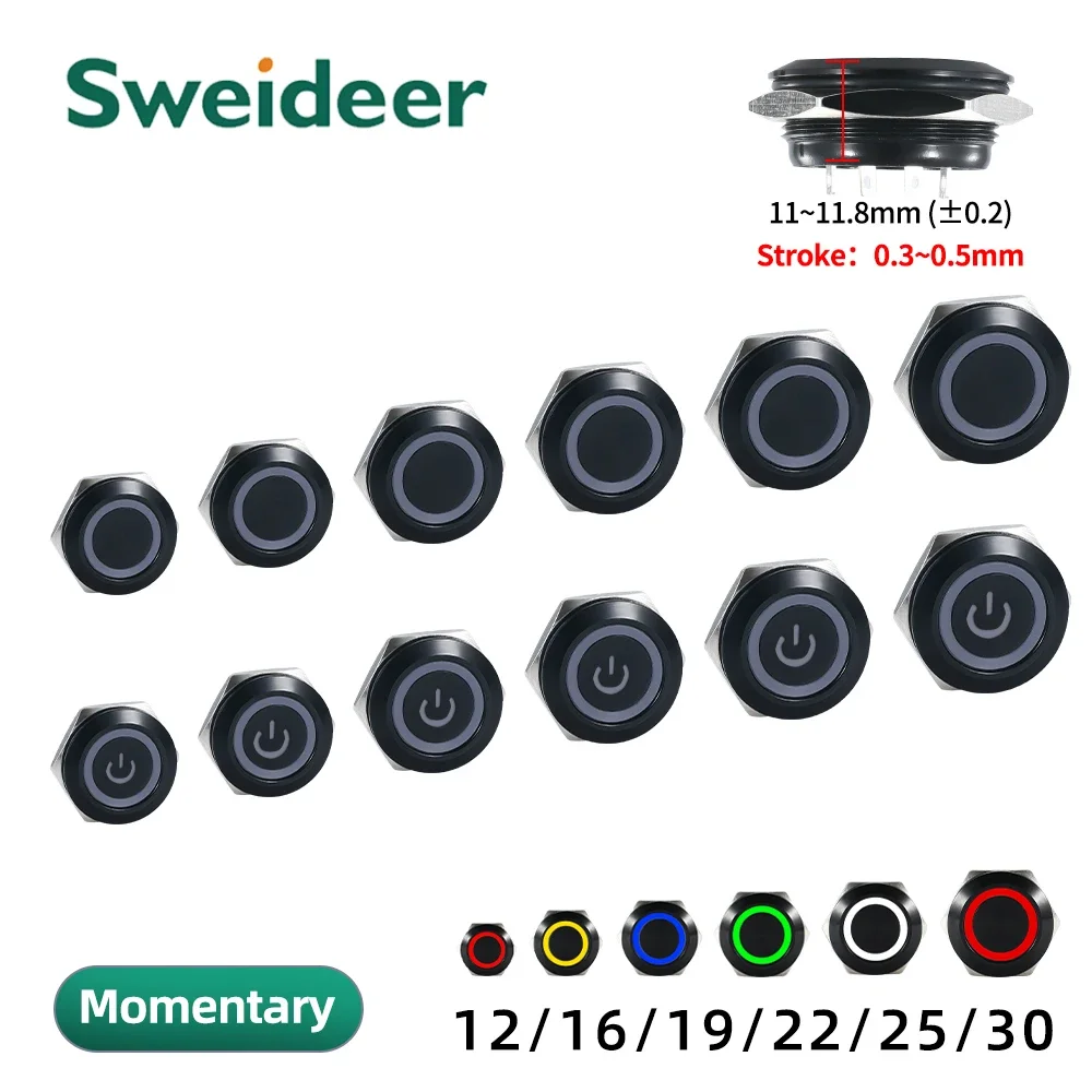 Metalowy Przycisk Wciskany Krótki Skok Samoresetujący Się Chwilowy 12/16/19/22/25/30mm Przycisk Zasilania z Diodą LED Dotykowy Przycisk Windy Wodoodporny