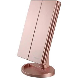 Espejo de tocador iluminado de tres pliegues con pantalla táctil LED, montaje de tocador, aumento, dos modos de fuente de alimentación, espejo de maquillaje, espejo de viaje