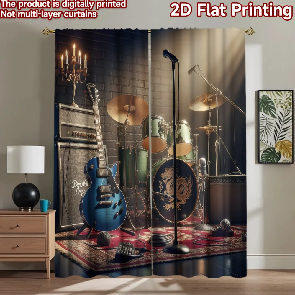 2D flat 2pcs Curtain Home Short Curtains Rock Band Stage Setup Durable polyester fiber Festive Holiday Use for Booths Studio