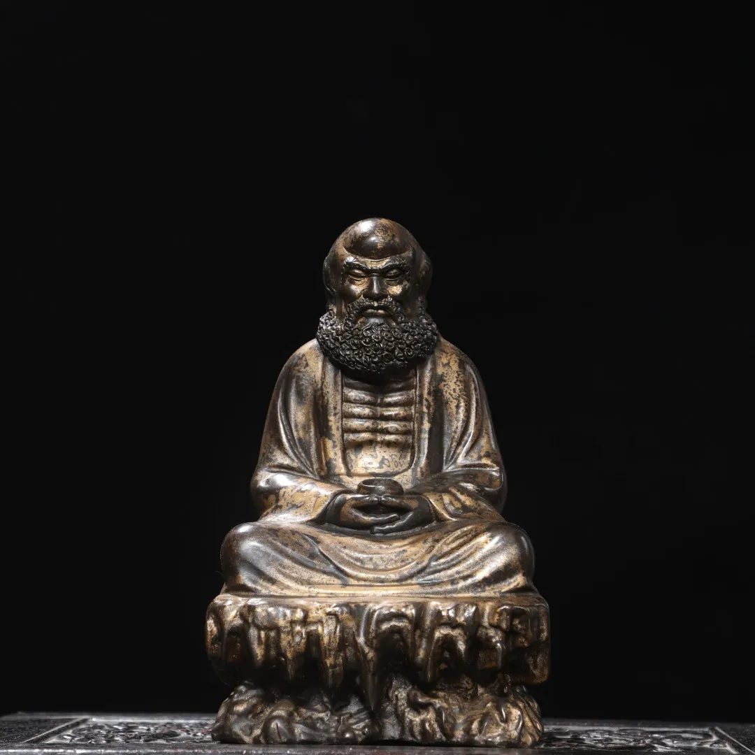 10”Old Bronze Gilded Cinnabar Bodhidharma Ancestral Master Lotus Buddha Terrace Amitabha Worship Hall