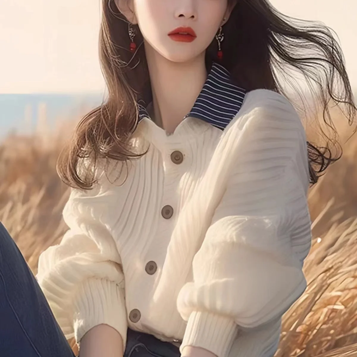 

Autumn Winter New White Elegant Knitted Cardigan Women Temperament O-Neck Long Sleeve Loose Sweater Casual Versatile Top Jacket