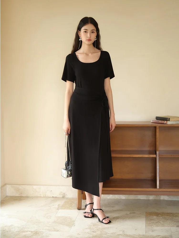 DUSHU Women\'s Simple Casual Style Knitted Dress New Elegant Little Black Dress For Summer 2024 New Casual Loose Dress 24DS82558