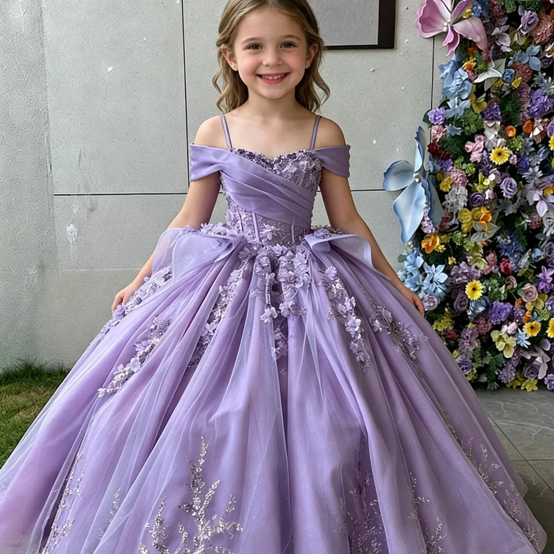 Custom Flower Girl Dress With Ruffled Crystal 3D Flowers And Layered Lace Appliqués Suitable For Flower Girl Pageants And First