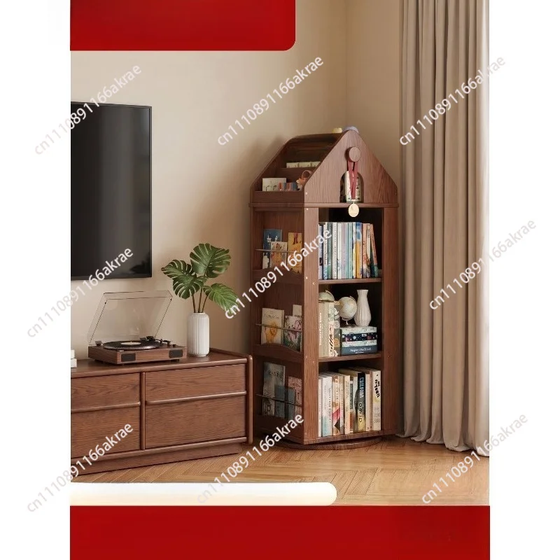 Solid wood rotating bookshelf 360 degree children's bookcase living room floor shelf baby reading picture book rack