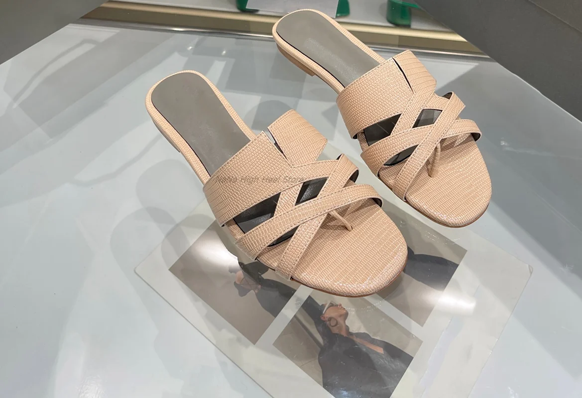 Bling Crystal Square Toe Flat Summer Outdoor Women Slippers Slip On Design Large Size Fashion Show Genuine Sole Shoes