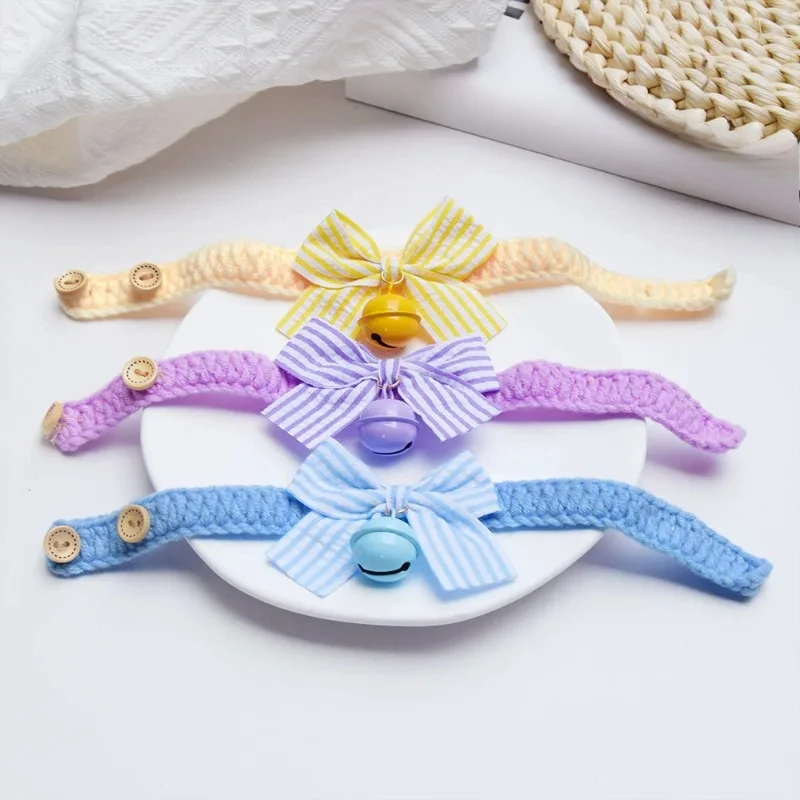 Cat Collar Bow Bell Pet Collar Cute Soft Butterfly Collar Dog Photo Pet Accessories Wool Weaving Adjustable Button Design