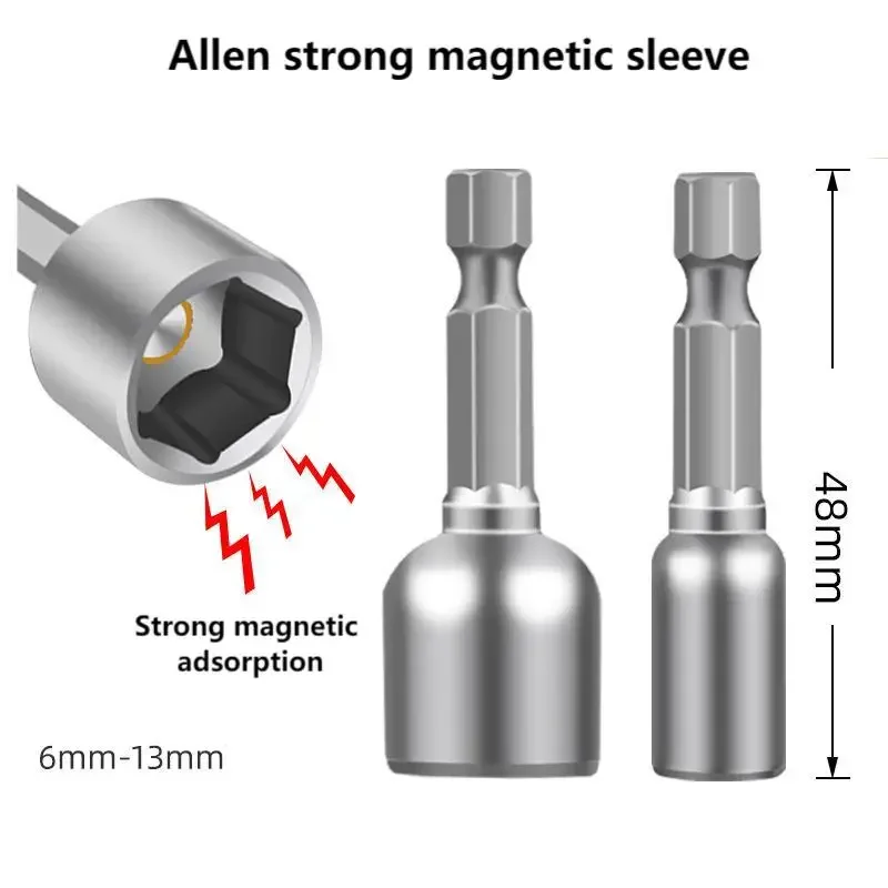 6-13mm Impact Socket Set Magnetic Nut Screwdriver 48mm Drill Bit Set 1/4” Hex Socket Adapter Bolt Drivers Socket Kit Hand Tools