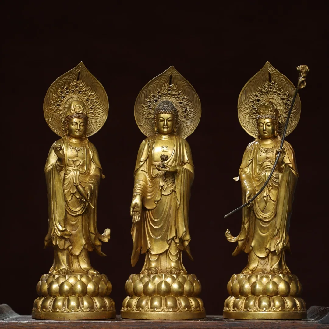 

14"Tibetan Temple Collection Old Bronze Gilded Cinnabar Three Sages Bodhisattva Shakyamuni Guanyin Buddha Backlight Worship Hall