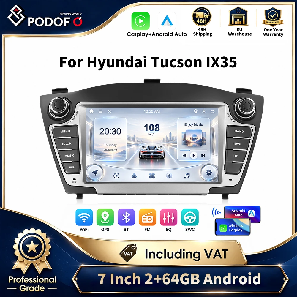Podofo – 7-calowy samochodowy system multimedialny z ekranem dotykowym, systemem Android, 2 GB pamięci RAM, 64 GB pamięci ROM, nawigacją GPS, bezprzewodową funkcją CarPlay, funkcją Android Auto,