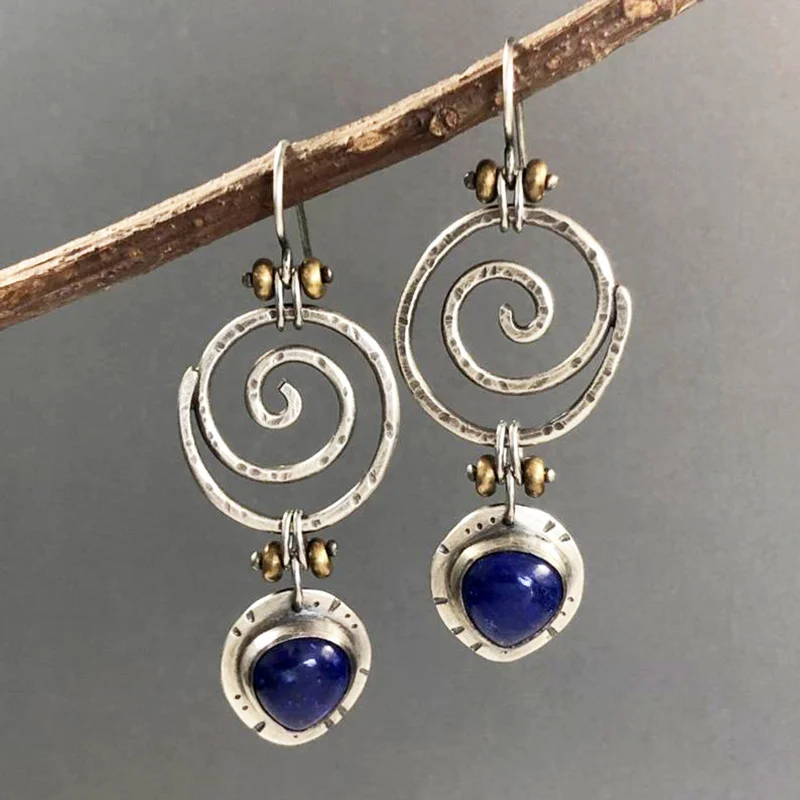Pendientes colgantes bohemios con espiral azul, piedra hueca, joyería Tribal antigua, pendientes étnicos para mujer, Color plata antigua con remolino