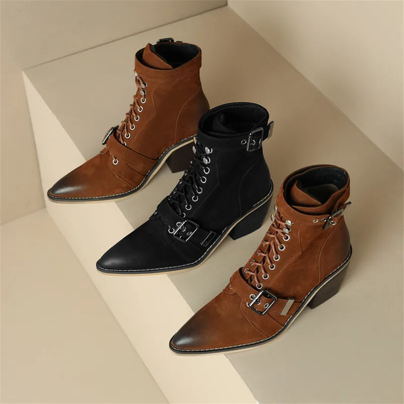 New Autumn/winter Genuine Leather Women Boot Pointed Toe Shoes Fashion Belt Buckle Short Boots for Women Handmade Large Size