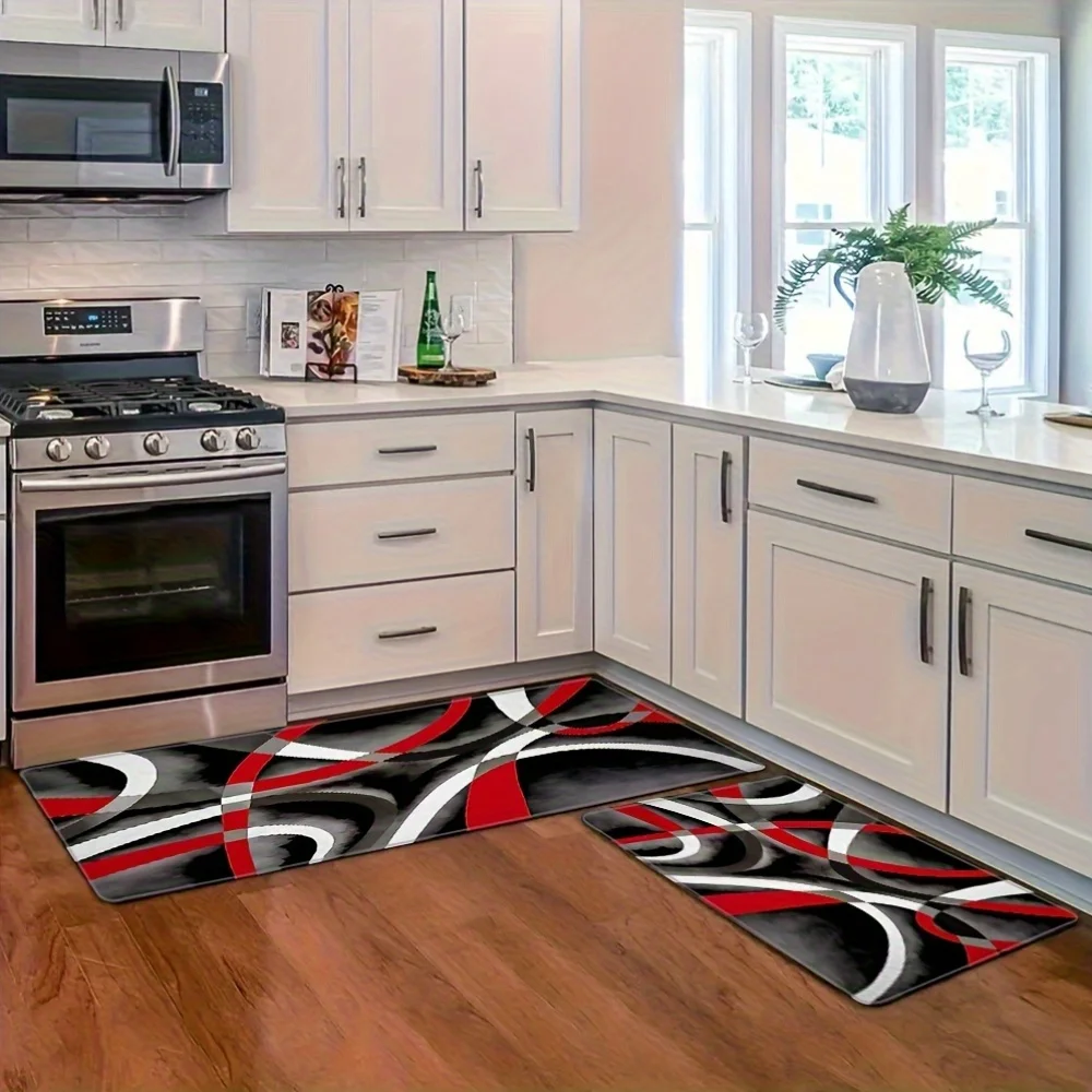 Black Red Grey Geometric Line Kitchen Carpet Abstract Art Mat Modern Area Rug for Dining Room Home Decoration Bedroom Decor