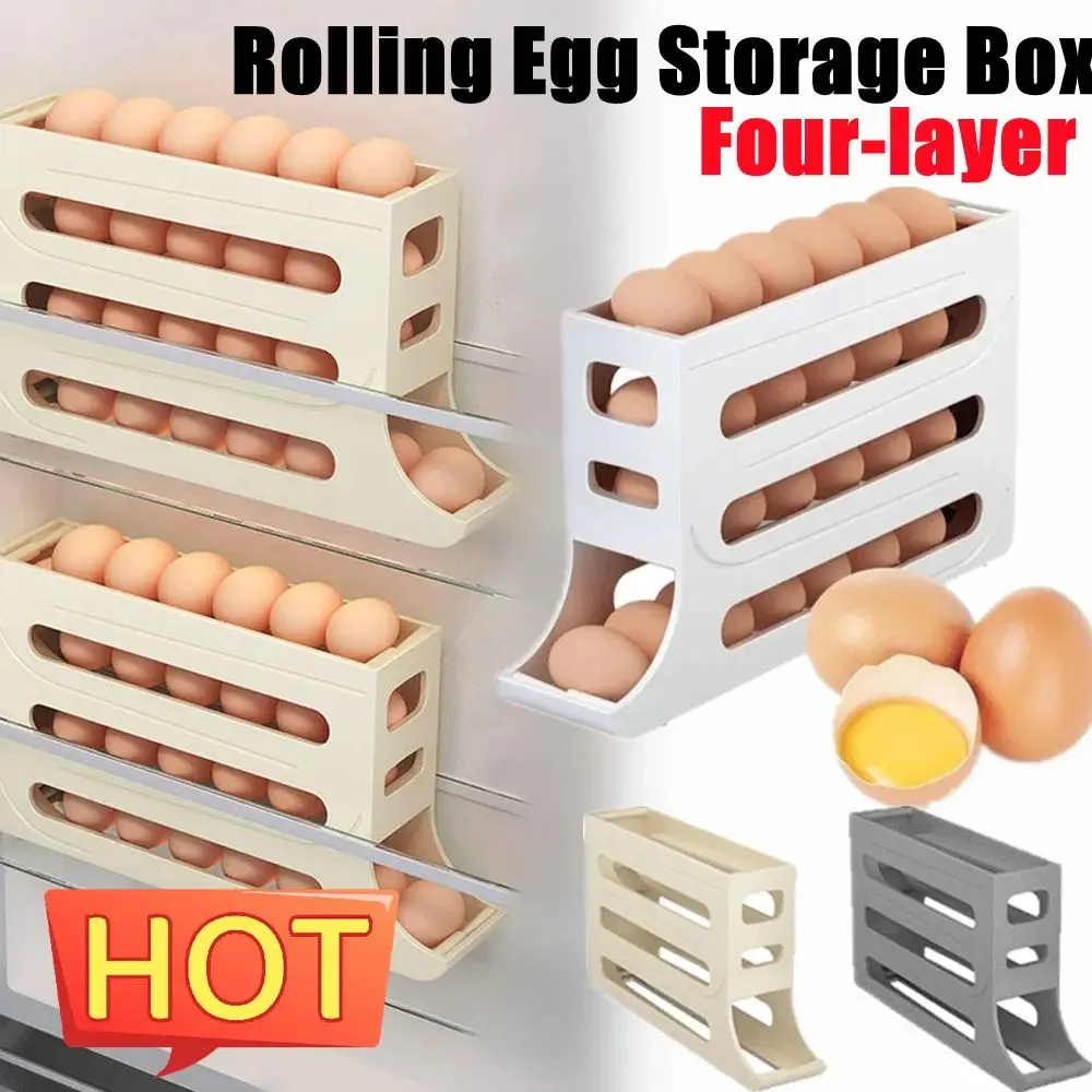 Slide Organizer Automatic Egg Roller Large Capacity Four Tier Refrigerator Egg Storage Box Space Saving Kitchen Dedicated