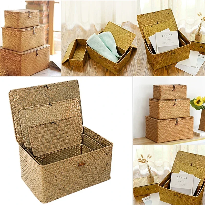 Woven Wicker Storage Box Rectangular Seagrass Basket with Lid Rattan Storage Organizer Desktop Sundries Container Home Supplies