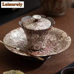 150ml Retro Gilded Silver Flower Mouth Gaiwan Zen Coarse Pottery  Tea Tureen Household Tea Maker Cover Bowl Chinese Tea Set Gift