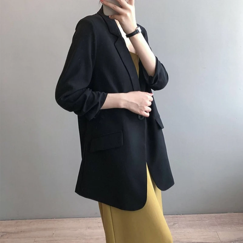 Summer Thin Unlined Three Quarter Sleeve Chiffon Blazer For Women Elegant White Suit Jackets Korean Loose Mid-length Outerwears