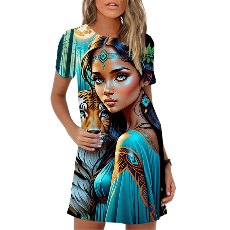 Indian Beauty Oil Painting Pattern Print Women Dress New 2024 Summer Clothing Dress Femme Short Sleeve Loose Casual A-Line Dress