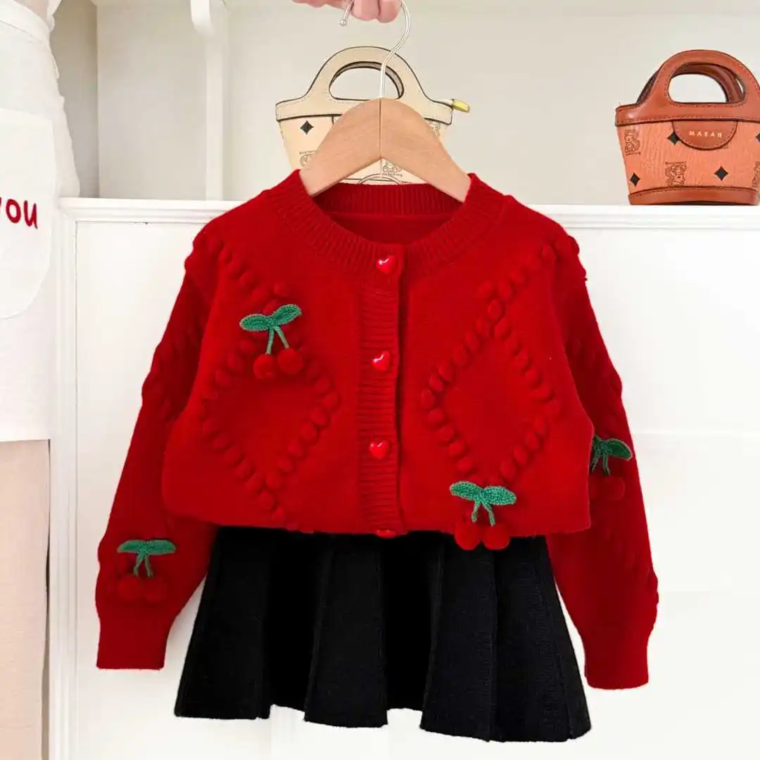 سترة صوفية متماسكة من الكرز للفتيات سترة ربيع الخريف الجديدة للفتيات الصغيرات أنيقة ولطيفة
