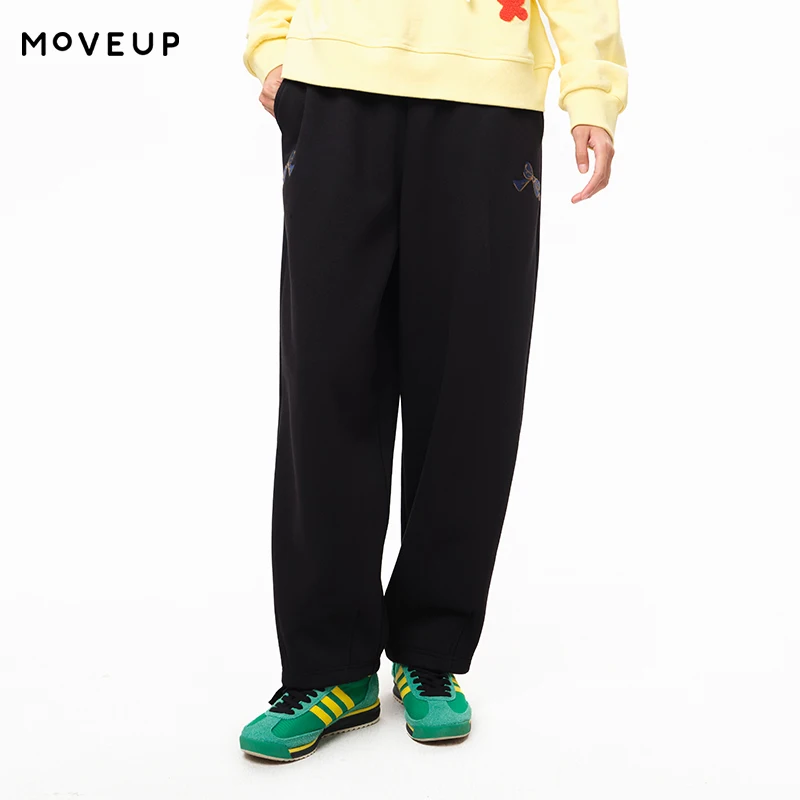 

MOVEUP Casual Straight Leg Pants Winter Elastic Waist Bow Embroidery Pocket Woven Label Warm Trousers For Women 3EWD10179