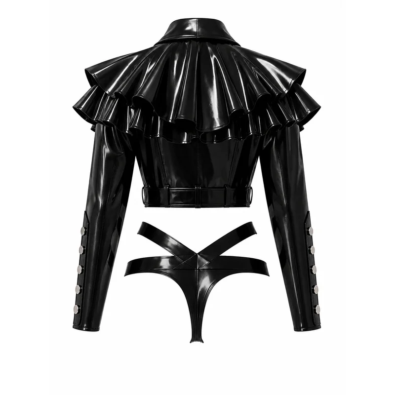 Handmade Latex Cos Studio 100% Natural Latex 2‑Piece Set, Ruffle Cropped Biker Jacket & Strappy Panty, Hand‑Glued Cosplay Hallow
