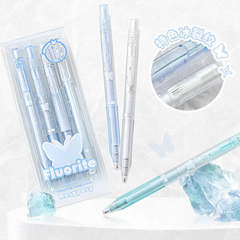 4pcs Flourite Neutral Pen, Clear Ice Crack Black 0.5 Press Brush Question Pen Signature Pen Pens for Writing Cute Pen Gel Pen