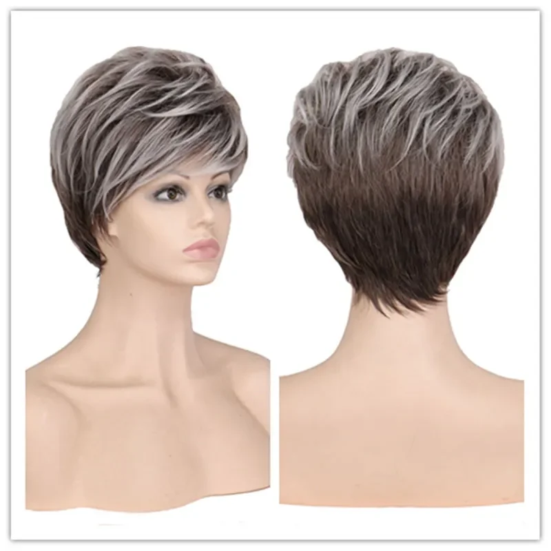 

Women Synthetic Short Brown Sliver Short Wig Layered Short Hair Synthetic Wigs HighLights Hair Wig Heat Resistant Fiber