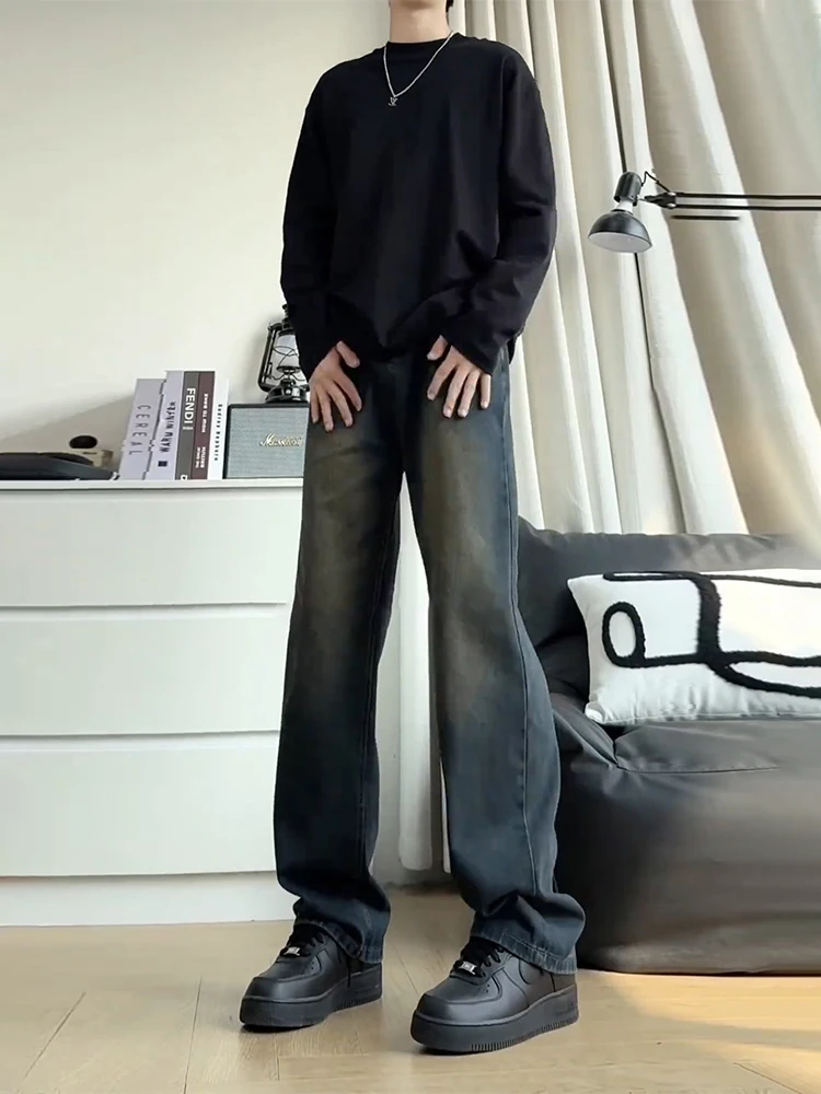 Retro Wa Blue Jeans Men's Elastic Vintage American Straight Loose Tall Micro Flared Pants Youth Trendy Cotton Polyester