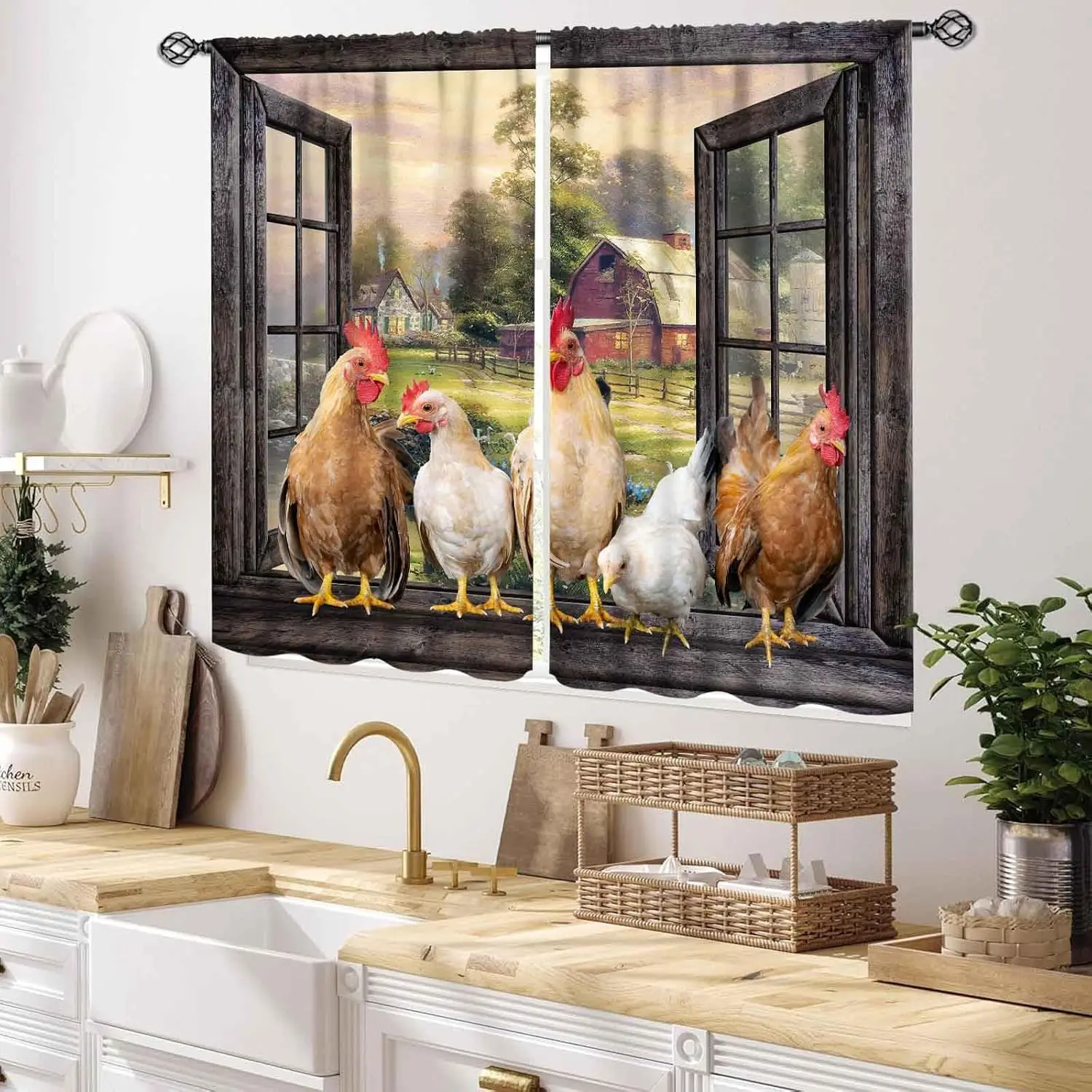 VIKAMA 2pcs Farmyard Chicken Pastoral Kitchen Curtains American Country Style Blackout Decorative Kitchen Curtains